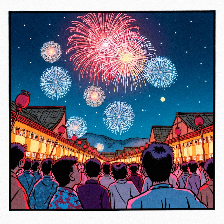 Photo Gratis fireworks over a japanese festival crowd