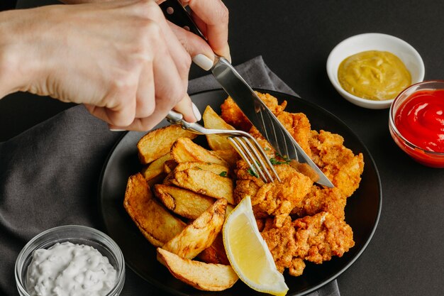 Fish and chips en plato con rodaja de limón y mujer con cubiertos