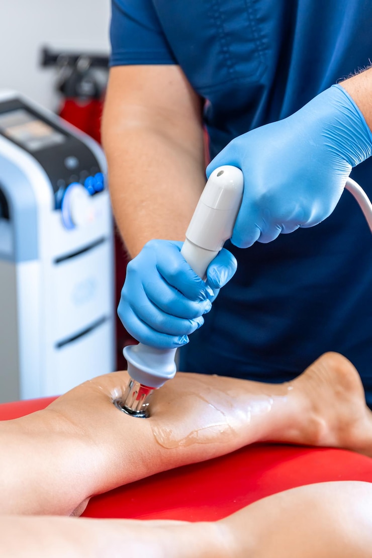 Foto gratuito fisioterapia de la espinilla con terapia de ondas de choque extracorpóreas.