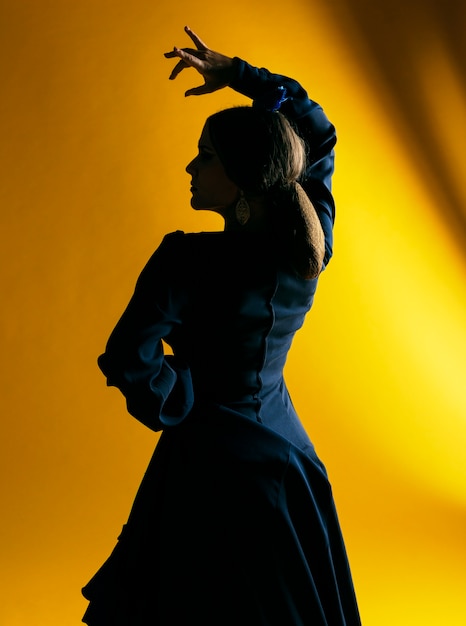 Foto gratuita flamenca mujer levantando la mano con luz de fondo