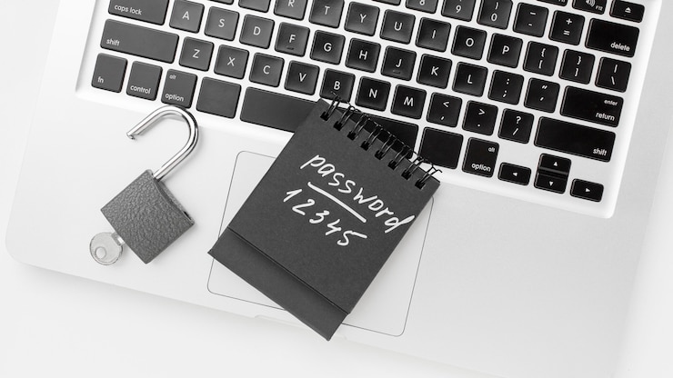 Photo Gratis flat lay of laptop with lock and key