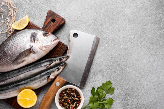 Foto gratuita flat pone pescado fresco con condimentos