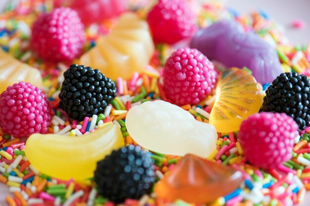 Flatlay de frutas de gelatina surtidos y rocía textura de fondo