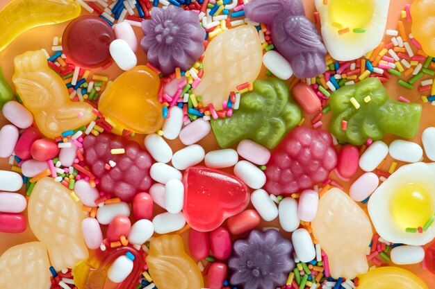 Flatlay de frutas de gelatina surtidos y rocía textura de fondo