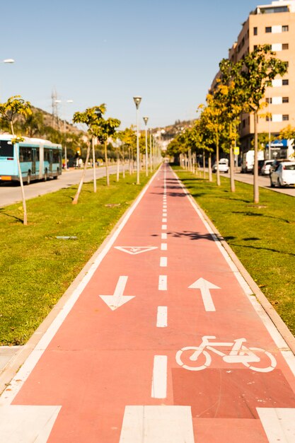 Flechas direccionales y signo de bicicleta en carril de ciclo de perspectiva en disminución