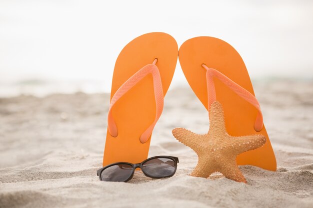 flip flop, gafas de sol y estrellas de mar en la arena