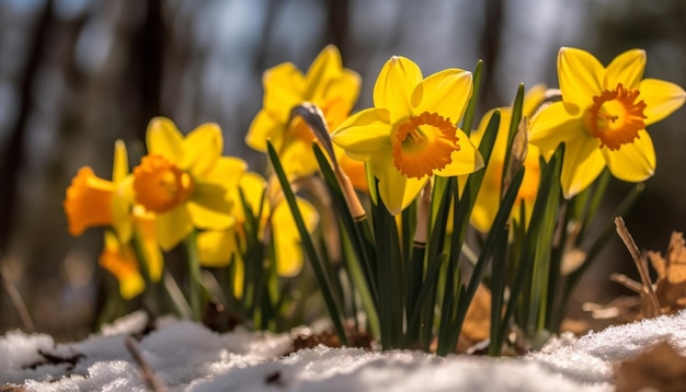 Flor amarilla florece en un vibrante prado primaveral generado por IA