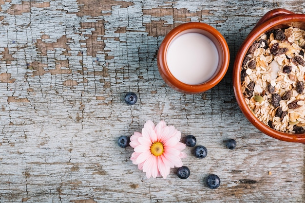 Foto gratuita flor cerca de leche y muesli