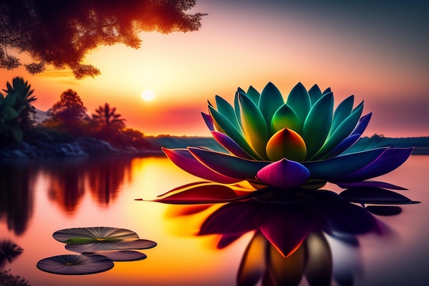 Una flor de loto de colores se sienta en un estanque con una puesta de sol en el fondo.