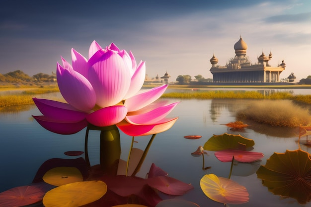 Foto gratuita una flor de loto frente a un templo