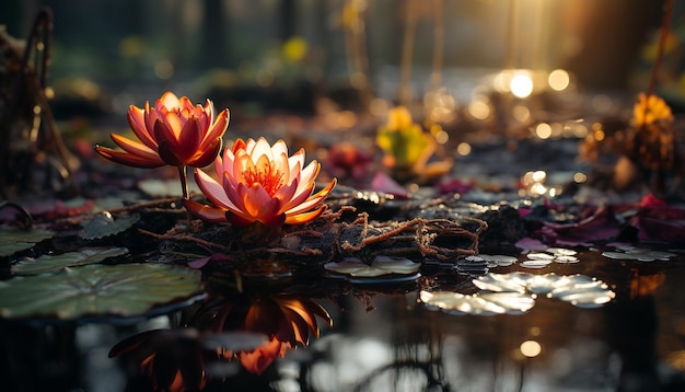 Foto gratuita una flor de loto vibrante refleja la belleza en el estanque de la naturaleza generado por la inteligencia artificial