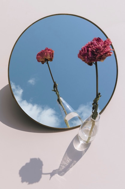 Flor de peonía rosa seca en un jarrón transparente reflejada en un espejo