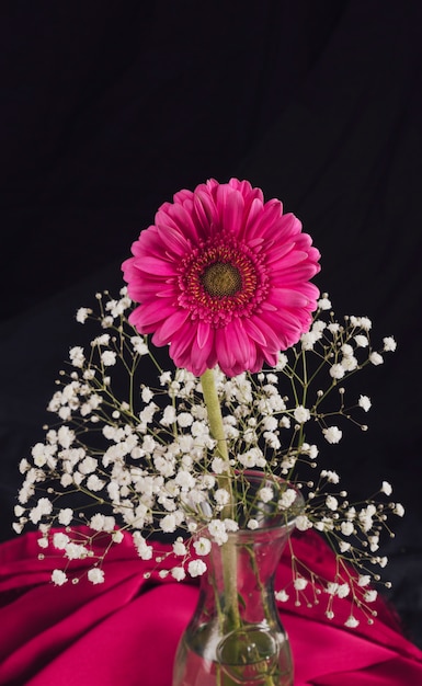 Foto gratuita flor con ramitas en flor en florero cerca de textil color de rosa en la oscuridad