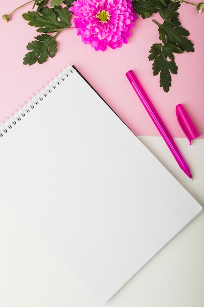 Flor rosa; bolígrafo y bloc de notas en blanco espiral en doble telón de fondo