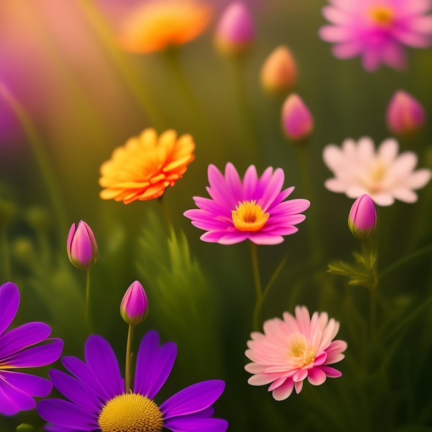 Una flor rosa y violeta está rodeada de otras flores.