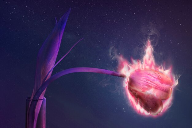 Flor de tulipán llameante, estética de fuego, remezcla de ambiente con efecto de fuego