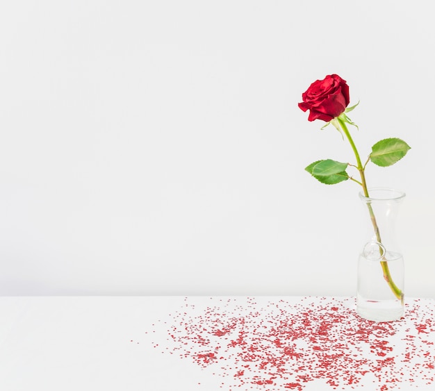 Floración fresca en florero entre confeti en la mesa