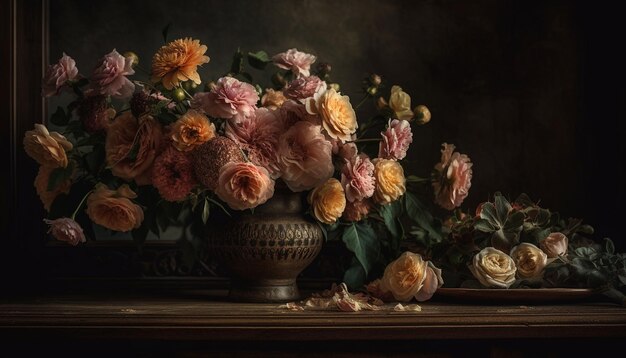 Florero antiguo con ramo de peonías rosas generado por IA