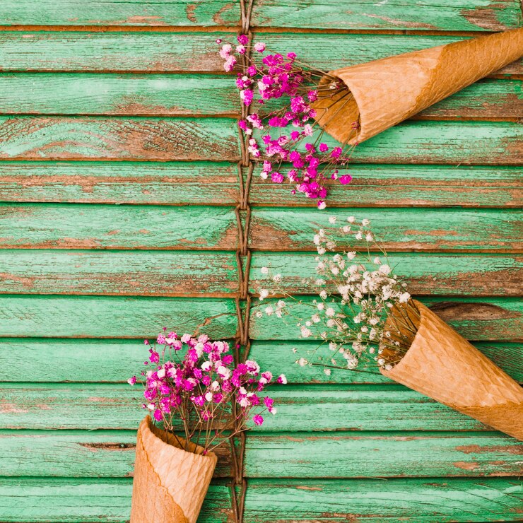 Foto gratuito flores de aliento de bebé en cono de waffle en contraventana de madera