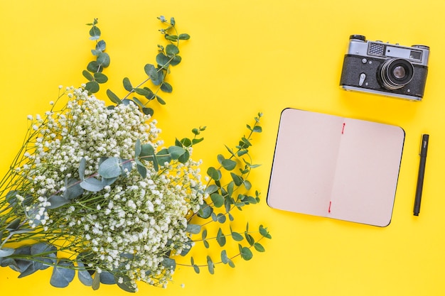 Flores de aliento de bebé; diario; pluma y cámara vintage sobre fondo amarillo