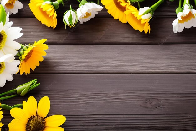 Flores amarillas sobre un fondo de madera