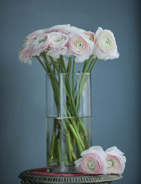 flores blancas rosadas en la botella sobre la mesa