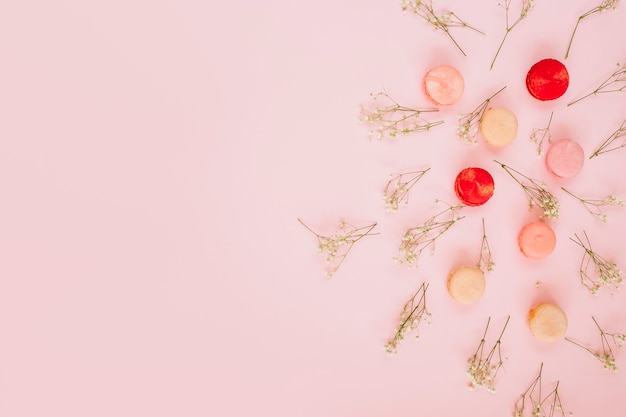 Foto gratuita flores cerca de macarrones frescos