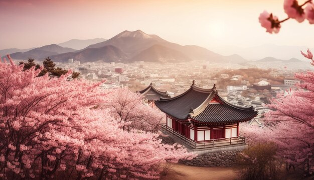 Flores de cerezo rosadas adornan la famosa pagoda de la montaña generada por IA