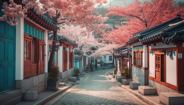Flores de cerezo rosas florecen en calles de ciudades antiguas generadas por IA