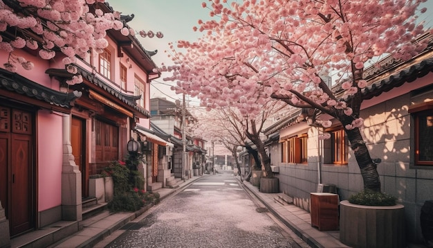 Flores de cerezo rosas iluminan la famosa arquitectura japonesa generada por IA