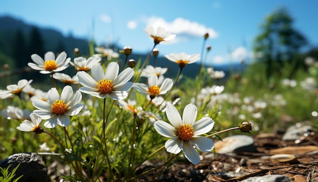 Flores de colores vibrantes en la pradera natural, un fresco paisaje de verano generado por la inteligencia artificial