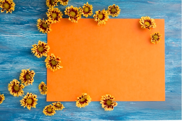 Flores de crisantemo en papel naranja en blanco sobre el fondo azul