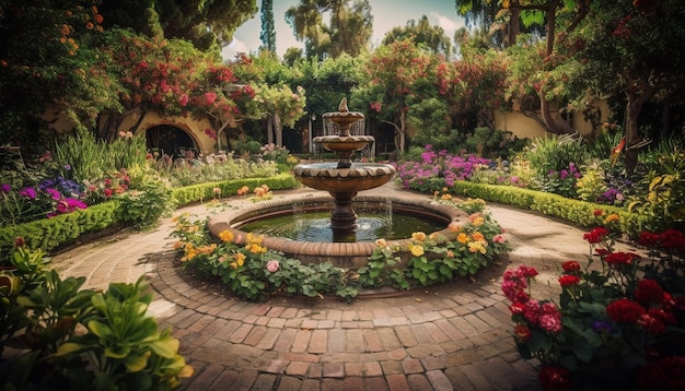 Flores frescas florecen en jardines históricos generados por IA