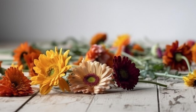 Flores frescas en una mesa de madera rústica generada por IA