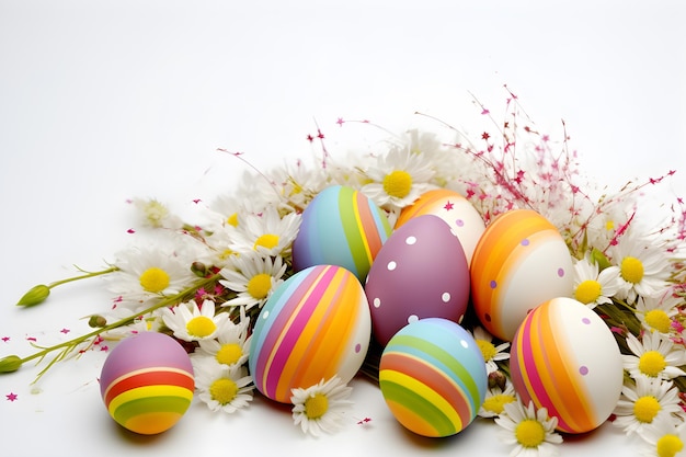 Flores y huevos de colores con tema de pascua de fondo blanco