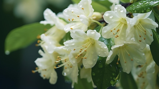 Foto gratuita flores de jazmín en una rama durante la lluvia