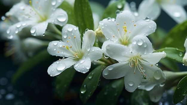 Flores de jazmín en una rama durante la lluvia