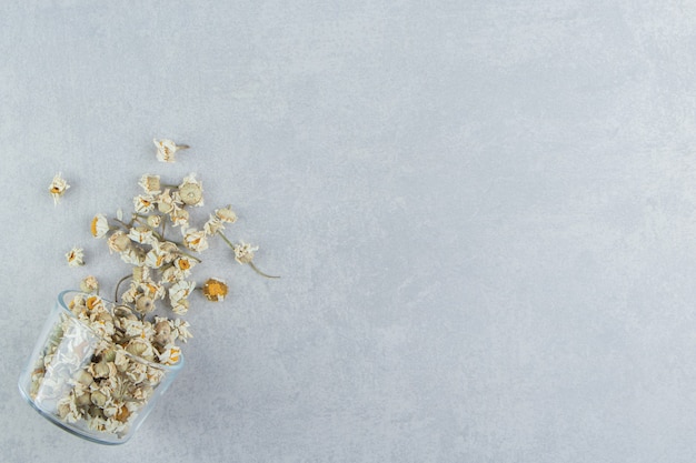 Foto gratuita flores de manzanilla secas en un tazón de vidrio.