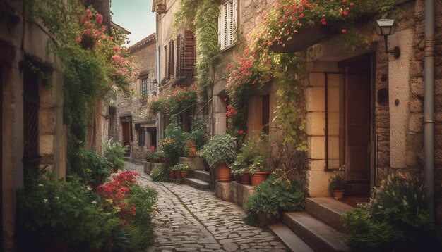 Flores multicolores adornan un antiguo patio francés al atardecer generadas por IA