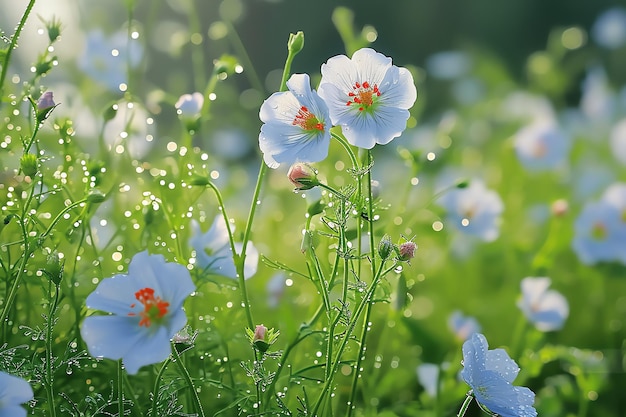 Foto gratuita flores con rocío en un jardín generado por la ia