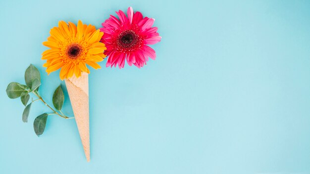 Flores románticas sobre fondo azul