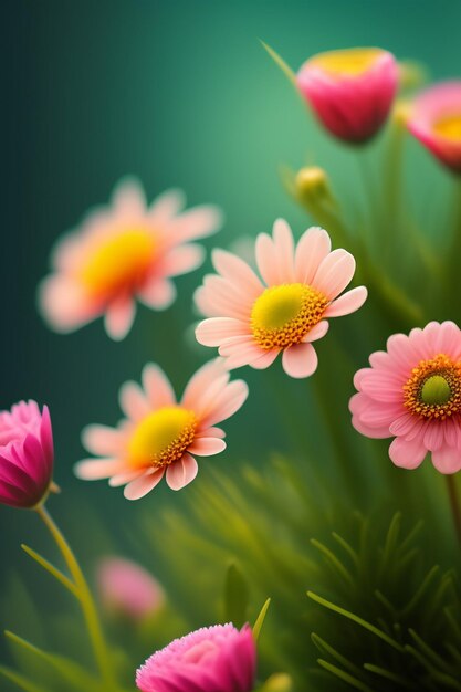 Flores rosadas en el fondo verde.