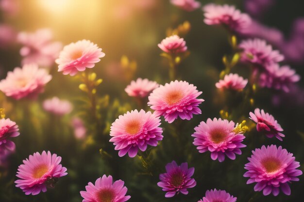 Flores rosadas en el jardín con el sol brillando sobre ellas