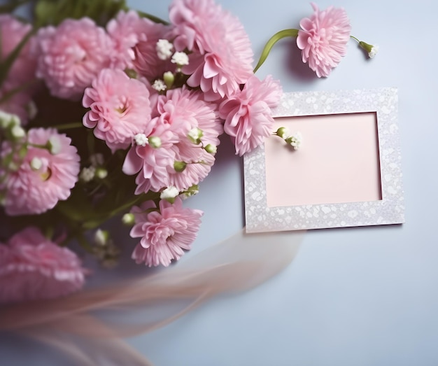 Foto gratuita flores rosadas con un marco y una tarjeta con un fondo azul.