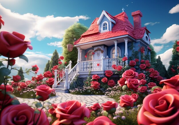 Flores de rosas en 3D con una casa de fantasía