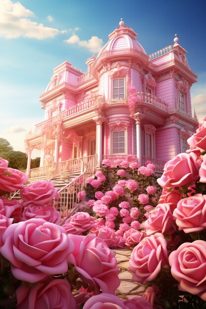 Flores de rosas en 3D con una casa de fantasía