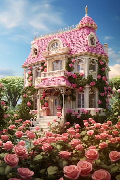 Flores de rosas en 3D con una casa de fantasía