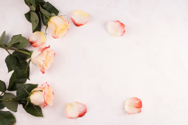 Foto gratuita flores rosas con pétalos en mesa.