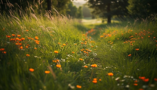 Las flores silvestres del prado al atardecer florecen en colores vibrantes generados por IA