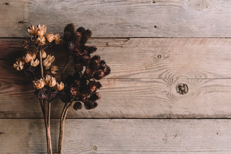 Foto gratuito flores silvestres secas en textura de madera
